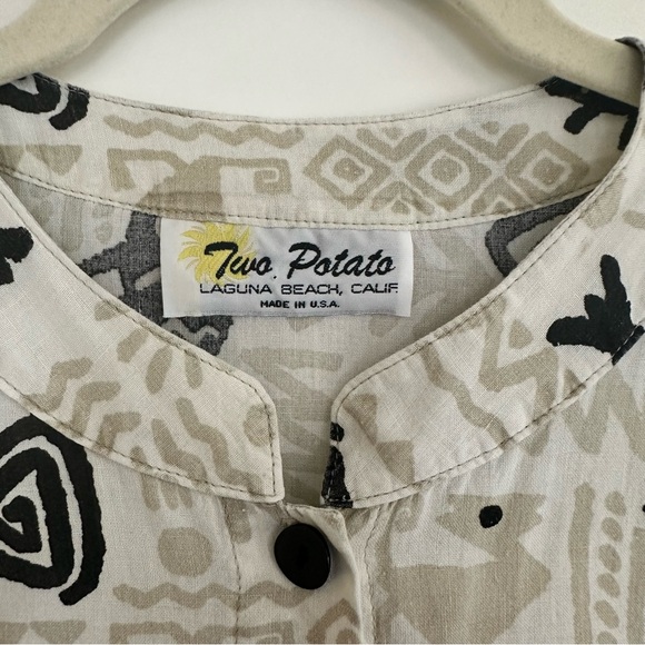 Vintage Two Potato Laguna Beach Men’s Shirt Band Collar Fish Ethnic Print Size L - Picture 2 of 11